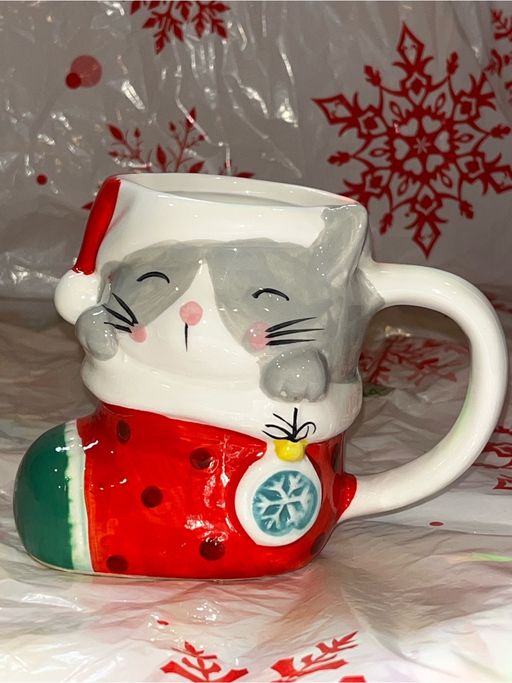 Cute Grey Cat Holiday Stocking Ceramic Mug in Red and Green
